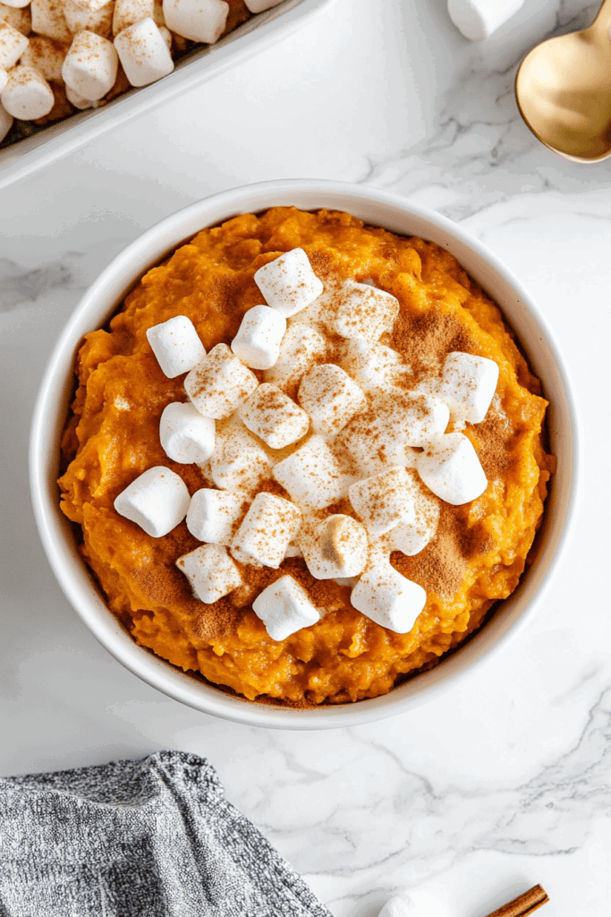 this image shows sweet potato casserole topped with creamy marshmallows and a sprinkle of cinnamon, perfect for fall.