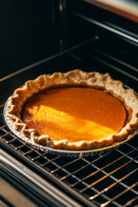 This image shows the pie crust with the sweet potato layer baking in the oven, developing a golden-brown color.