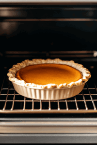 This image shows the sweet potato pie baking in an oven, with the filling setting and the crust turning a perfect golden brown.