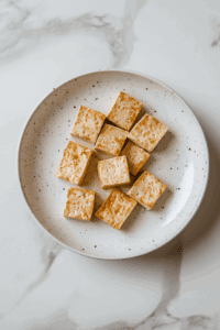 This image shows Hands tearing pressed tofu into irregular, bite-sized pieces, preparing them for marination and breading.