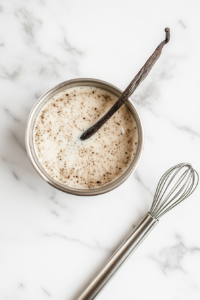 This image shows the soy milk mixture thickening into a smooth custard while being stirred with a whisk, creating a rich vegan pastry cream.