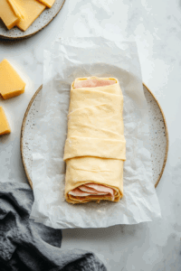 This image showcases slices of vegan cheese and ham being layered onto the rolled dough, ready to be sealed into fillets.