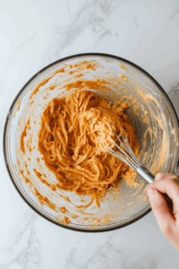this image shows Cooked fettuccine being tossed in a skillet with creamy sweet potato sauce, ensuring the pasta is well-coated for a rich and flavorful dish.