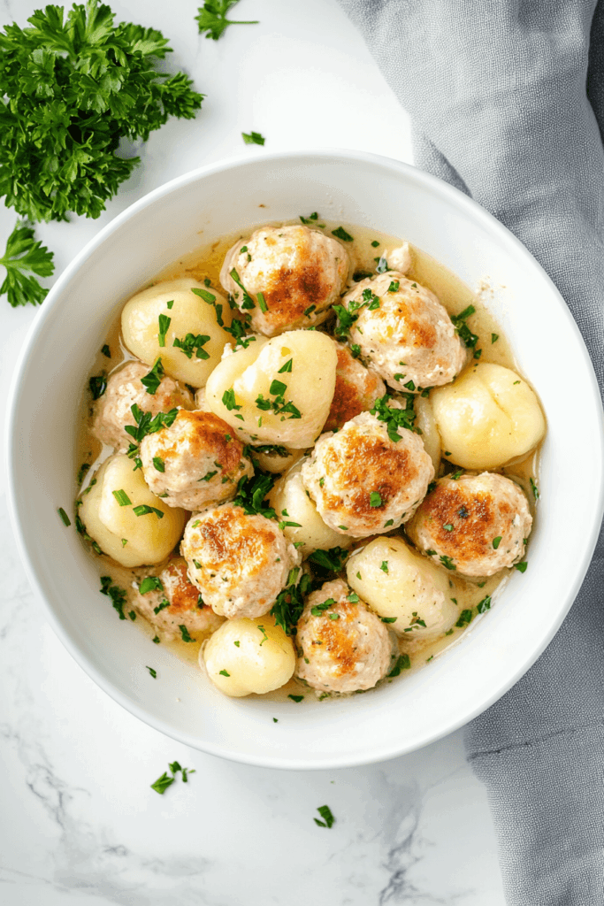 This image shows tender Tuscan chicken meatballs paired with pillowy gnocchi, garnished with fresh cilantro in a cozy white bowl.