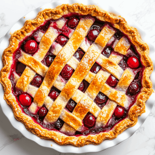 This image shows a vegan cherry pie in a round dish, featuring a beautifully woven lattice crust that is golden brown and crispy, filled with vibrant red cherries that peek through the lattice.