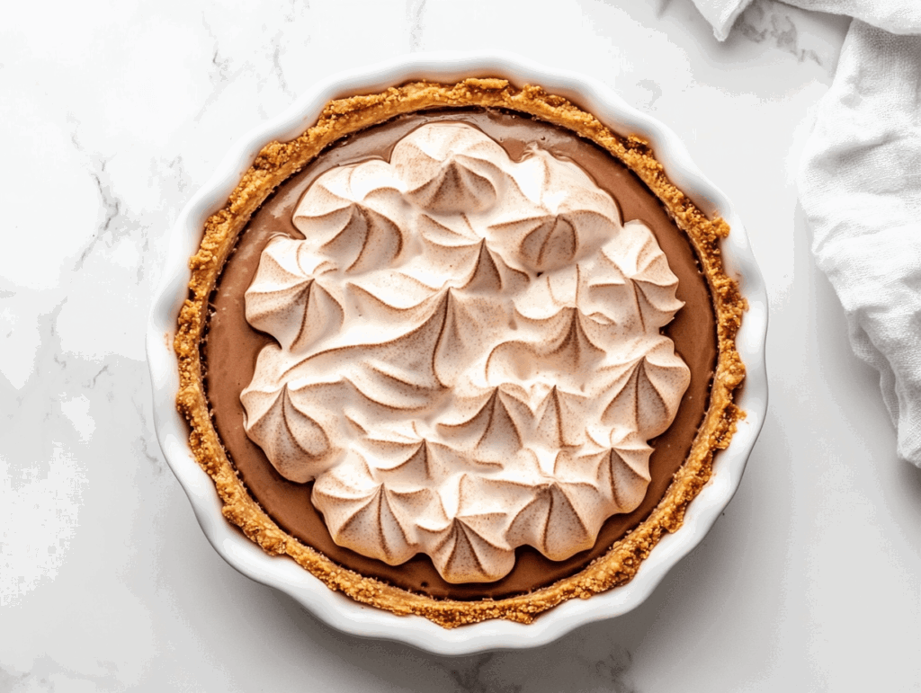 this image shows the meringue topping is torched to achieve a golden brown finish, adding a beautiful caramelized texture to the Vegan Chocolate Meringue Pie.