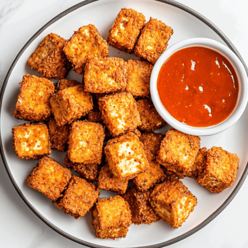 This image shows a Crispy golden Vegan KFC-style fried chicken pieces arranged in a square shape on a plate, served with a creamy dipping sauce on the side for an indulgent treat.
