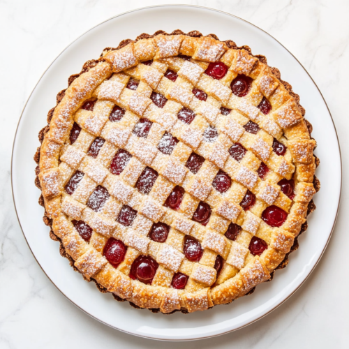 This image shows a beautifully baked Vegan Linzer Torte in a white round dish, featuring a golden brown crust, vibrant red currant jelly filling, and a delicate dusting of powdered sugar on top for a classic and elegant dessert.