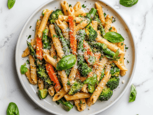 this image shows A plate of Vegan Pasta Primavera featuring penne pasta, carrots, broccoli florets, and asparagus, garnished with shredded cheese and fresh basil leaves, creating a colorful and wholesome dish.