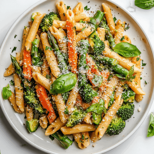 this image shows A plate of Vegan Pasta Primavera featuring penne pasta, carrots, broccoli florets, and asparagus, garnished with shredded cheese and fresh basil leaves, creating a colorful and wholesome dish.