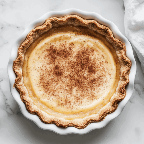 this image shows A delicious slice of Vegan Sugar Cream Pie topped with ground cinnamon, garnished with a sprinkle of cinnamon sugar, and a creamy coconut milk filling, ready to be served.