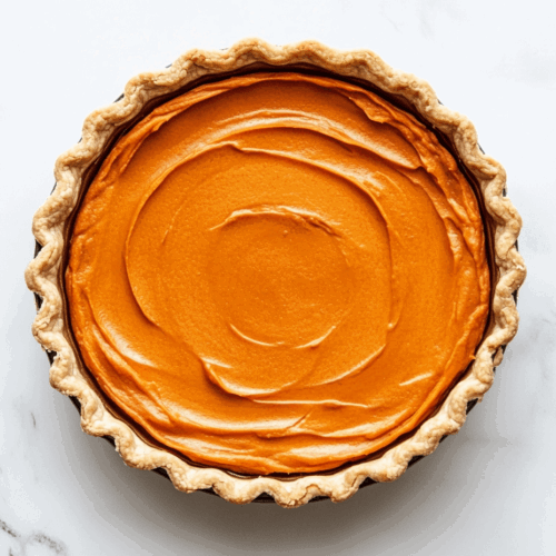 This image shows a perfectly baked vegan sweet potato pie in a round dish, featuring a smooth golden-brown filling with a slightly jiggly center, looking irresistibly creamy and delicious.