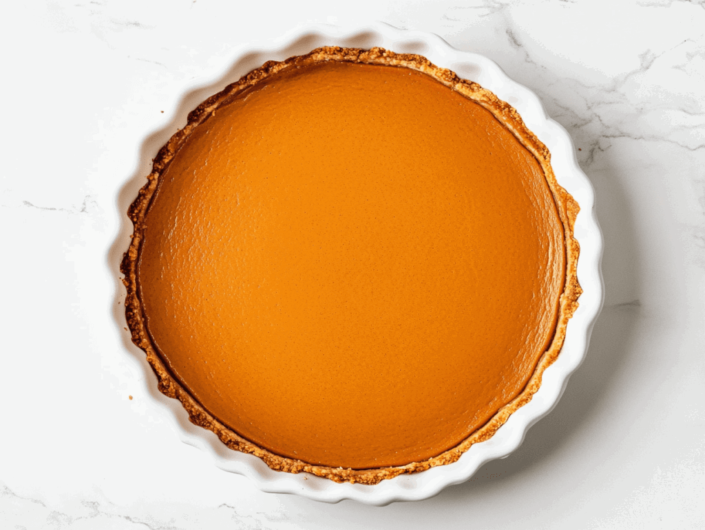This image shows a beautifully baked vegan and gluten-free crustless pumpkin pie, featuring a smooth, spiced pumpkin filling in the center, surrounded by a golden almond butter crust, perfect for a wholesome dessert.