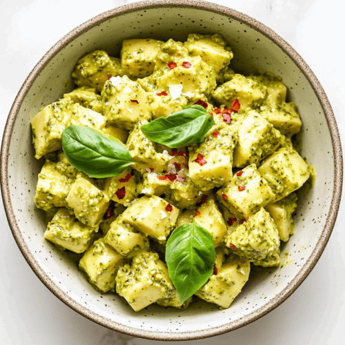 this image shows A white ceramic bowl filled with creamy vegan avocado pesto pasta, tossed in rich green pesto sauce, and topped with fresh basil, red pepper flakes, and cashew parmesan for a flavorful and elegant presentation.