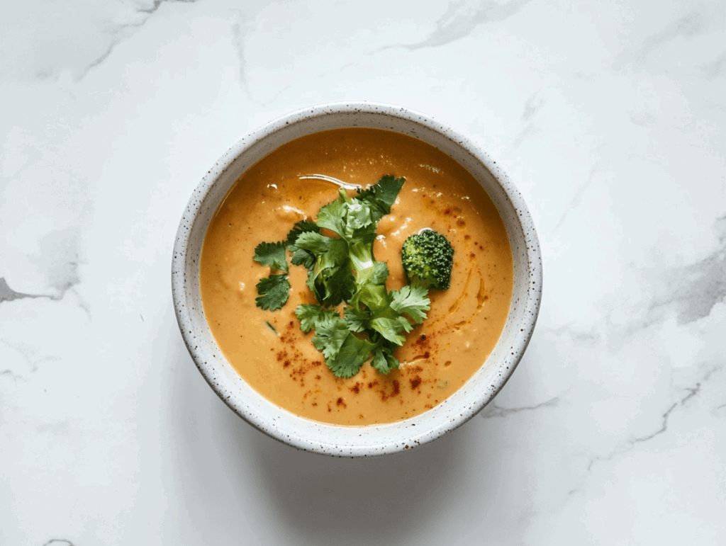 This image shows a creamy vegan broccoli cheese soup served in a bowl, enriched with nutritional yeast, steamed broccoli, and garnished with fresh chopped cilantro for added color and flavor.