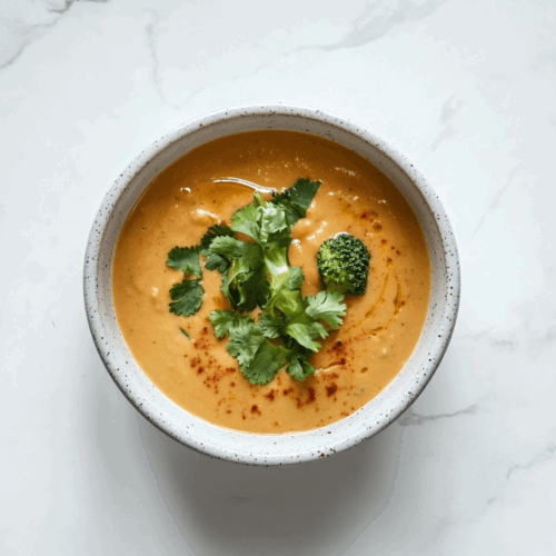 This image shows a creamy vegan broccoli cheese soup served in a bowl, enriched with nutritional yeast, steamed broccoli, and garnished with fresh chopped cilantro for added color and flavor.