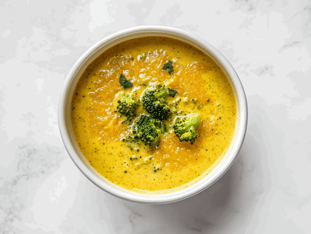 This image shows a creamy vegan broccoli cheese soup served in a white bowl, made with blended russet potato, onion, broccoli, cashews, and carrots, and garnished with small broccoli pieces.