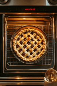 This image shows the cherry pie in the oven, the crust turning golden brown while the cherry filling bubbles gently through the lattice.