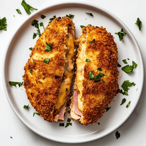 This image shows a beautifully plated vegan chicken cordon bleu sliced in half, revealing layers of vegan cheese and ham, garnished with fresh chopped cilantro on a white round plate.