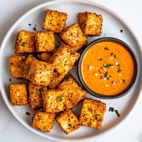 This image features crispy vegan chicken tenders marinated in flavorful spices, arranged in a square shape, with a side of creamy buffalo mayo for dipping.