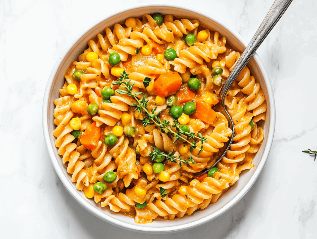 this image shows A comforting bowl of vegan chickpea pot pie pasta, enriched with peas, corn, and carrots, creating a hearty and colorful meal with a creamy sauce.