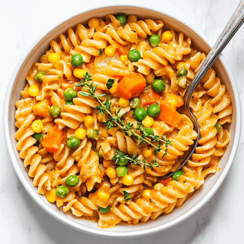 this image shows A comforting bowl of vegan chickpea pot pie pasta, enriched with peas, corn, and carrots, creating a hearty and colorful meal with a creamy sauce.