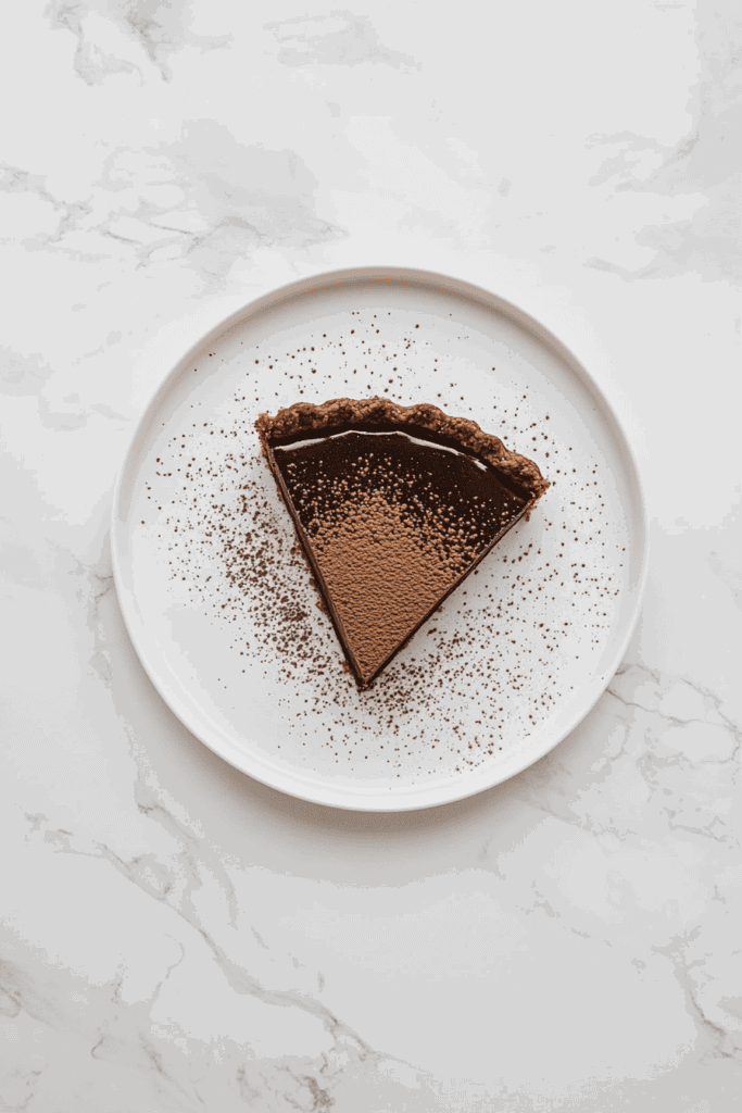 this image shows smooth and creamy slice of vegan chocolate pie served on a white plate, lightly dusted with cocoa powder for an elegant touch.