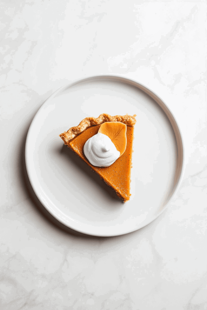 this image shows flavorful slice of vegan gluten-free pumpkin pie, topped with a dollop of whipped cream and a small pumpkin slice, served on a white round plate.