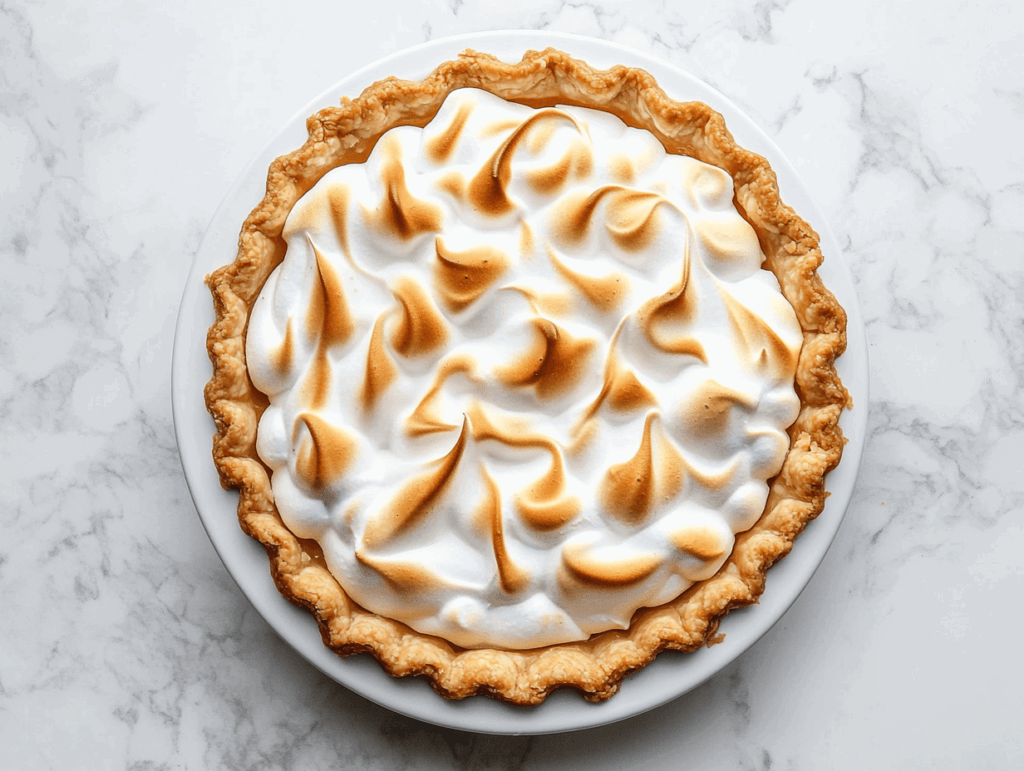 This image shows a beautifully presented vegan lemon meringue pie on a round white plate, featuring a creamy meringue filling made with vanilla extract, aquafaba, lemon juice, and cream of tartar, lightly torched for a smoky flavor.