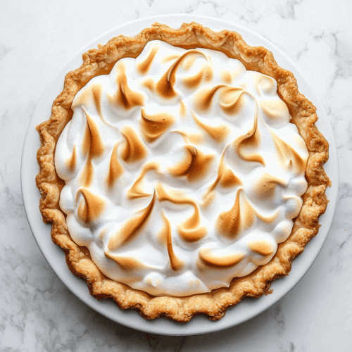 This image shows a beautifully presented vegan lemon meringue pie on a round white plate, featuring a creamy meringue filling made with vanilla extract, aquafaba, lemon juice, and cream of tartar, lightly torched for a smoky flavor.