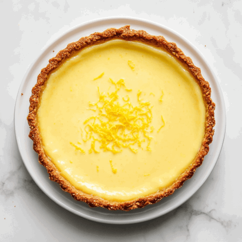 this image shows A delightful vegan lemon pie with a smooth, creamy, and tangy filling in the center, garnished with vibrant lemon zest and served in a round white dish, perfect for any occasion.