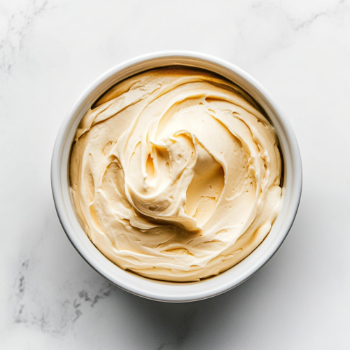 This image shows a creamy vegan pastry cream served in a pristine white bowl, made with ingredients like cornstarch, soy milk, granulated sugar, vegan butter, and a vanilla pod, perfect for filling desserts like cakes and tarts.
