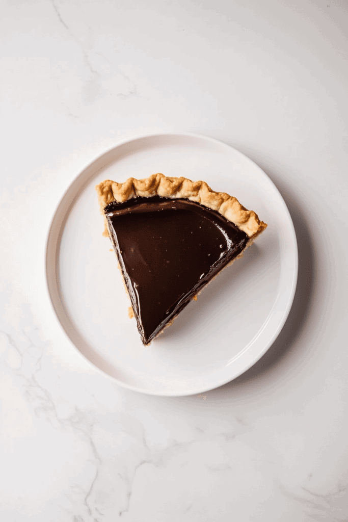 this image shows mouthwatering slice of vegan peanut butter cup pie, featuring a rich chocolate topping and a golden crispy crust, served on a white round plate.