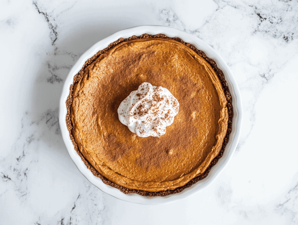 This image shows a vegan pumpkin pie in a round dish with a rich, spiced filling in the center. A dollop of creamy vegan coconut whipped cream sits elegantly on top, ready to be enjoyed.