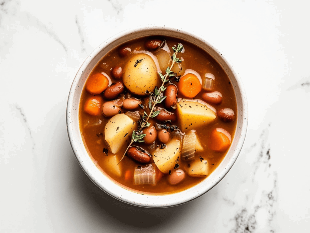 This image shows a hearty vegetable and pinto bean soup served in a white bowl, enriched with tender potatoes, beans, and carrots, and garnished with fresh thyme leaves for an aromatic finish.