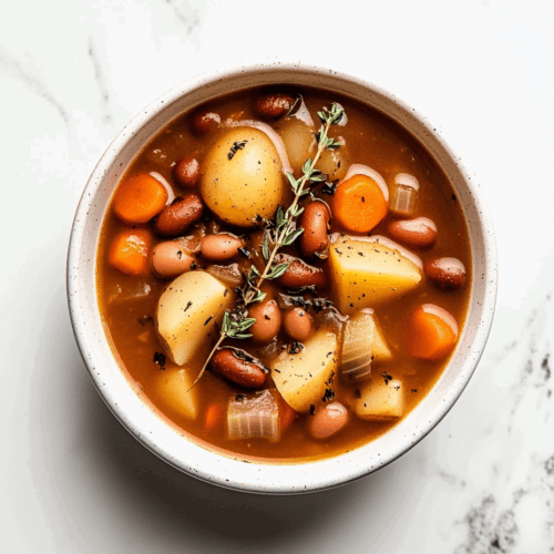This image shows a hearty vegetable and pinto bean soup served in a white bowl, enriched with tender potatoes, beans, and carrots, and garnished with fresh thyme leaves for an aromatic finish.