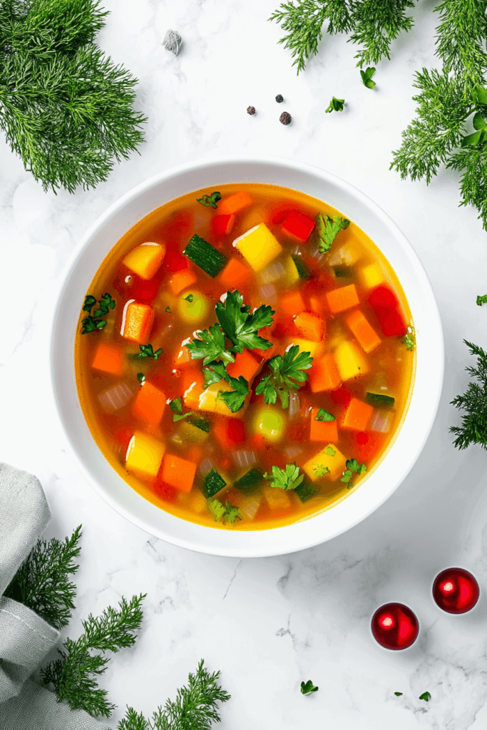 this image shows A wholesome vegetable soup filled with colorful veggies like carrots and bell peppers, garnished with thyme and black pepper.