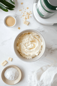 This image shows chilled coconut cream being whipped to stiff peaks in a mixing bowl, creating a light and airy texture for the vegan lemon pie filling.