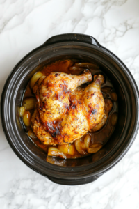 this image shows A tender and golden whole chicken, fresh out of the crockpot, sits with caramelized onions, ready for plating and serving.