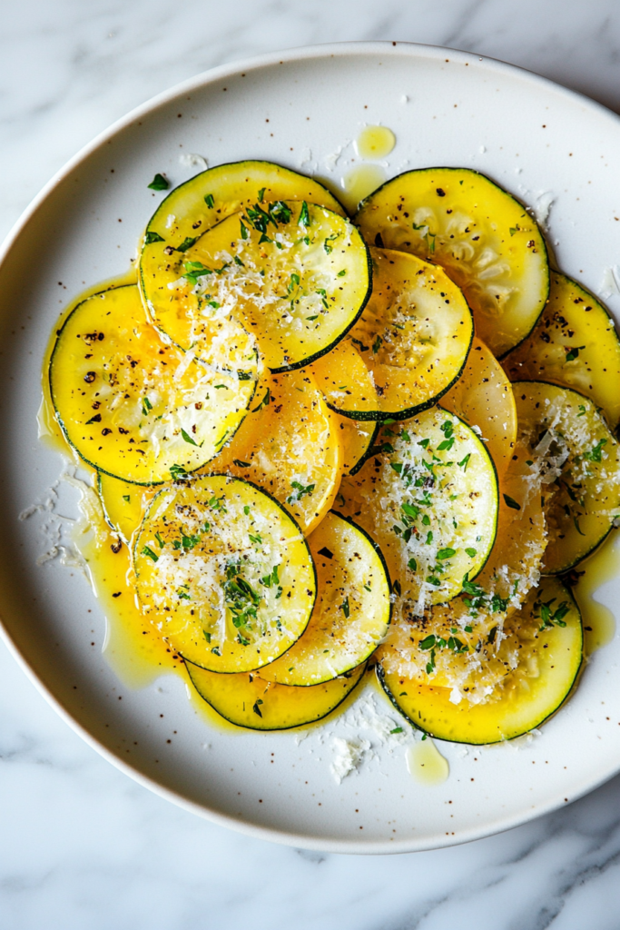this image shows delicate Zucchini Carpaccio served on a white round plate, featuring thinly sliced zucchini seasoned with shredded cheese, offering a light and refreshing appetizer with a burst of flavor.