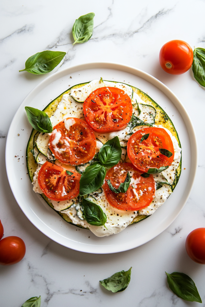 this image shows Zucchini Crust Pizza Margherita featuring fresh mozzarella chunks, minced garlic, and a blend of herbs, topped with a sprinkle of Parmesan cheese for a low-carb and flavorful pizza alternative.