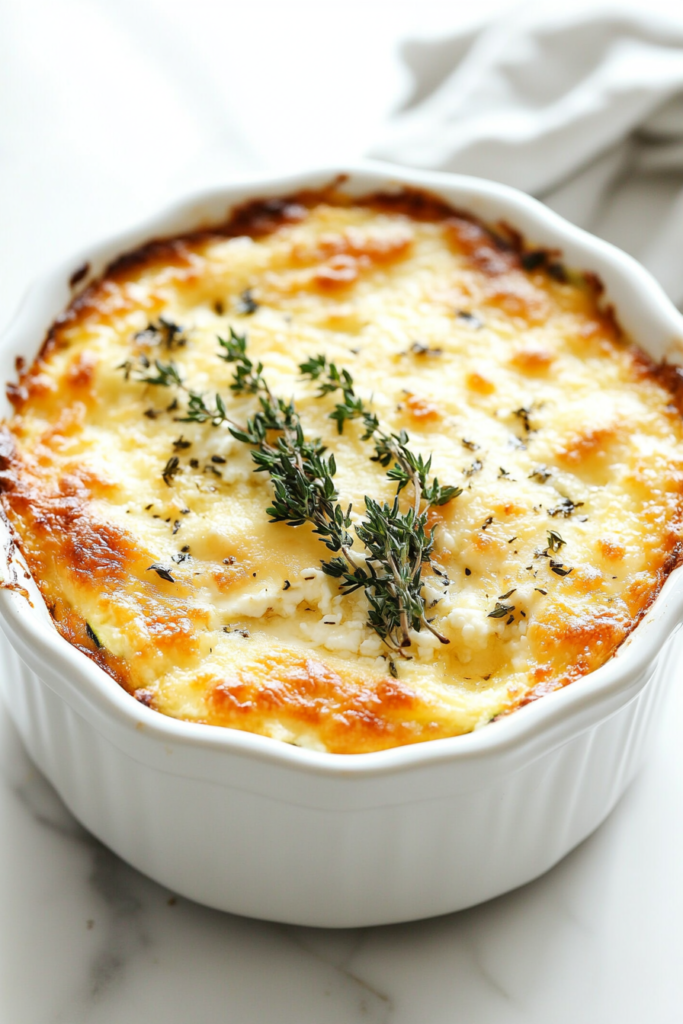 this image shows savory Zucchini Feta Bake with thyme, served in a white bowl, showcasing a layer of melted cheese over a flavorful egg and feta mixture, offering a rich and creamy texture.