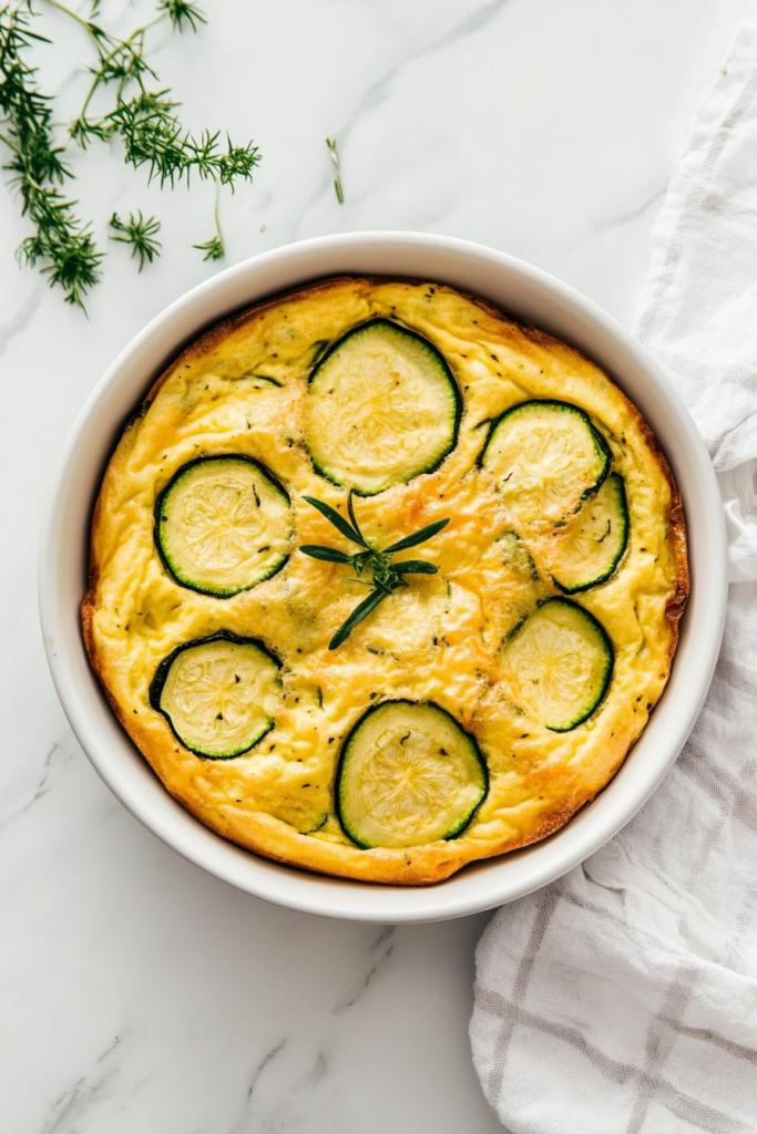 this image shows fluffy zucchini frittata served in a white round bowl, topped with a sprinkle of Parmesan cheese, offering a savory, egg-based dish with a deliciously cheesy finish.