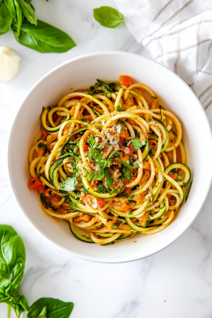 this image shows Fresh zucchini noodles lightly tossed in virgin olive oil and topped with grated Parmesan cheese, creating a simple and flavorful dish that highlights the freshness of zucchini.