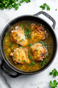 This image shows sherry wine being poured into a hot pan, creating a sizzling effect as it deglazes the flavorful browned bits stuck to the bottom, adding depth to the dish.