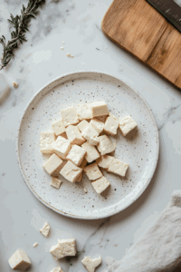 This image shows tofu cubes soaking in a marinade of unsweetened non-dairy milk and apple cider vinegar in a bowl, infusing the tofu with tangy and creamy flavors before cooking.