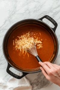 This image shows shredded cheese being added and stirred into a warm mixture, melting into a creamy, rich texture that completes the dish.
