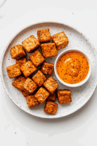 serving-the-crispy-air-fried-vegan-chicken-tenders-on-a-white-round-plate-with-sauce-by-the-side-for-extra-flavours