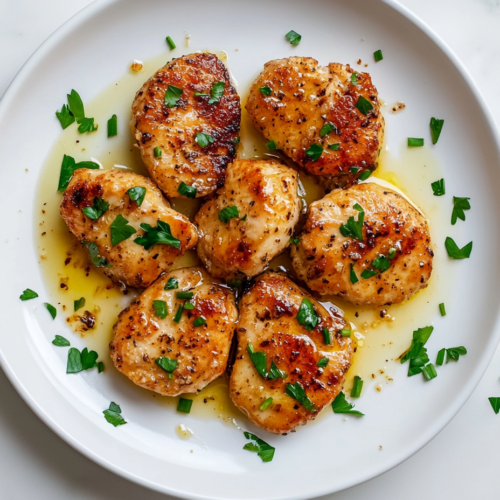 This image shows a plate of 30-minute garlic butter chicken, lightly toasted to golden brown, tossed in a rich garlic butter sauce, and garnished with fresh parsley.