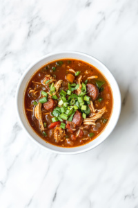 This image shows a steaming bowl of finished Cajun Chicken Sausage Gumbo, brimming with sausage, shredded chicken, and bold Cajun flavors, ready to be served and enjoyed.